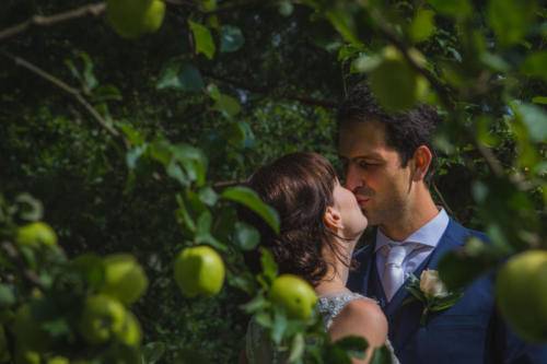 Hääpari omenapuutarhassa